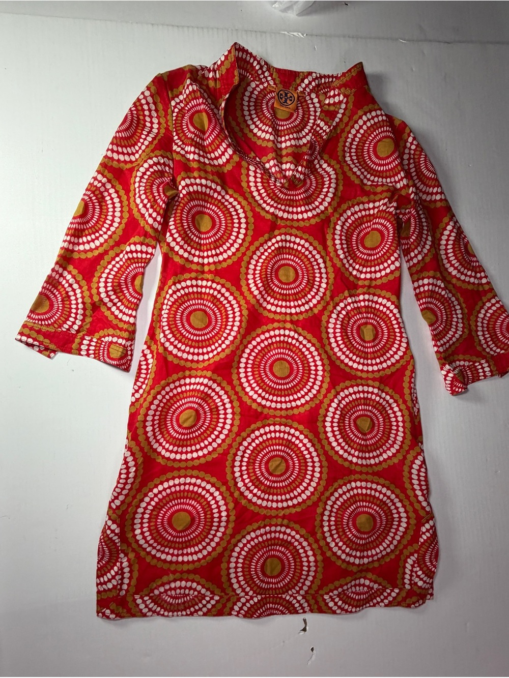 Tory Burch Red, White & Mustard Circular medallion Print dress 35 inches